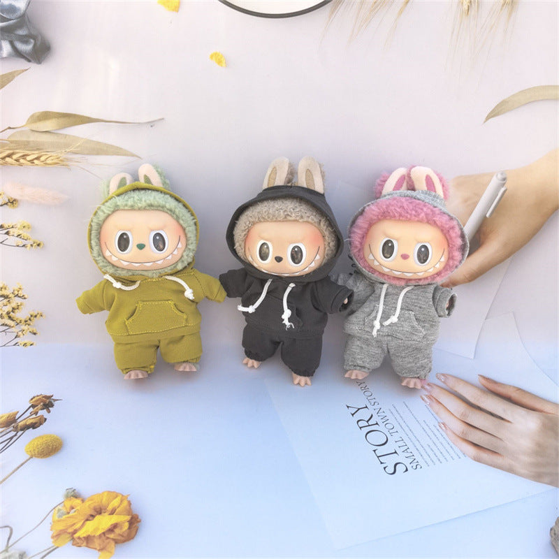 17cm Vinyl Macaron Plush Keychain Labubu Doll with Replacement Hoodie and Pants Set