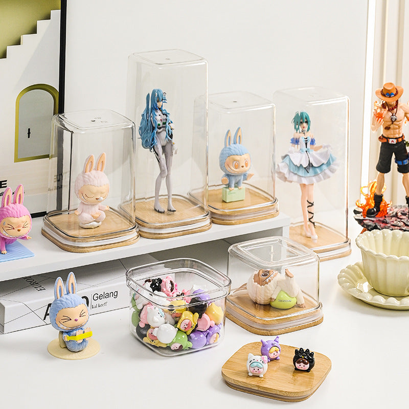 Transparent Labubu Display Box Dustproof Bamboo Wood High Transparency Trendy Toy Cute Bubble Mart Figurine Box Mini Storage Box