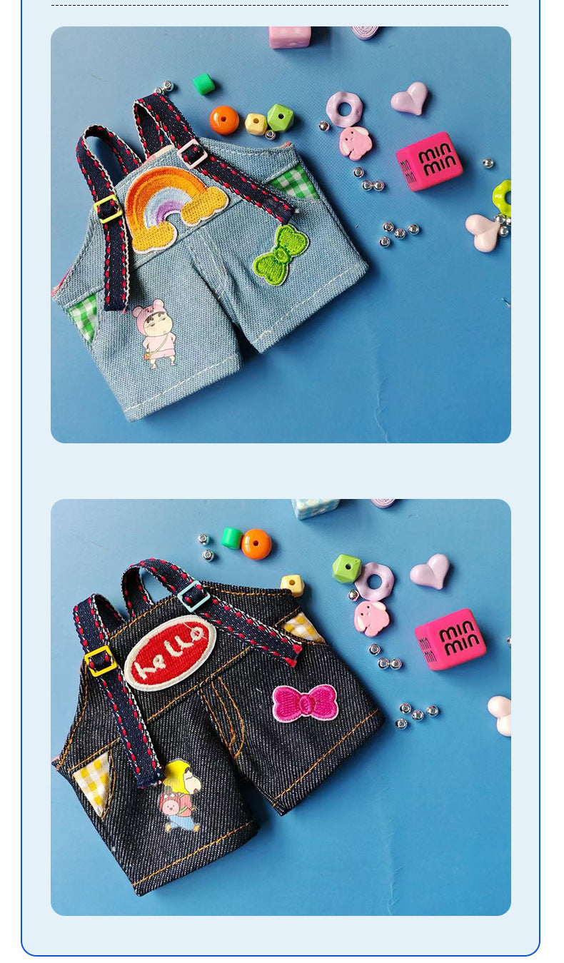 (Only-Clothes) 17cm Automobiles Curtain Cloth Pendant Clothes Two Or Three Generations Suspender Pants Suit Labubu Cute Doll Clothes Denim Suspender Pants