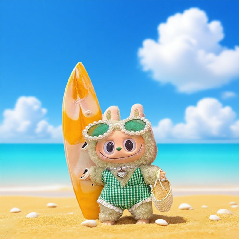 (only-clothes) Beach Vacation Style Labubu Baby Clothes Accessories Plush Doll Pearl Glasses Swimming Ring Set