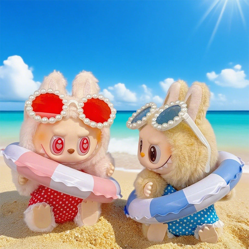 (only-clothes) Beach Vacation Style Labubu Baby Clothes Accessories Plush Doll Pearl Glasses Swimming Ring Set