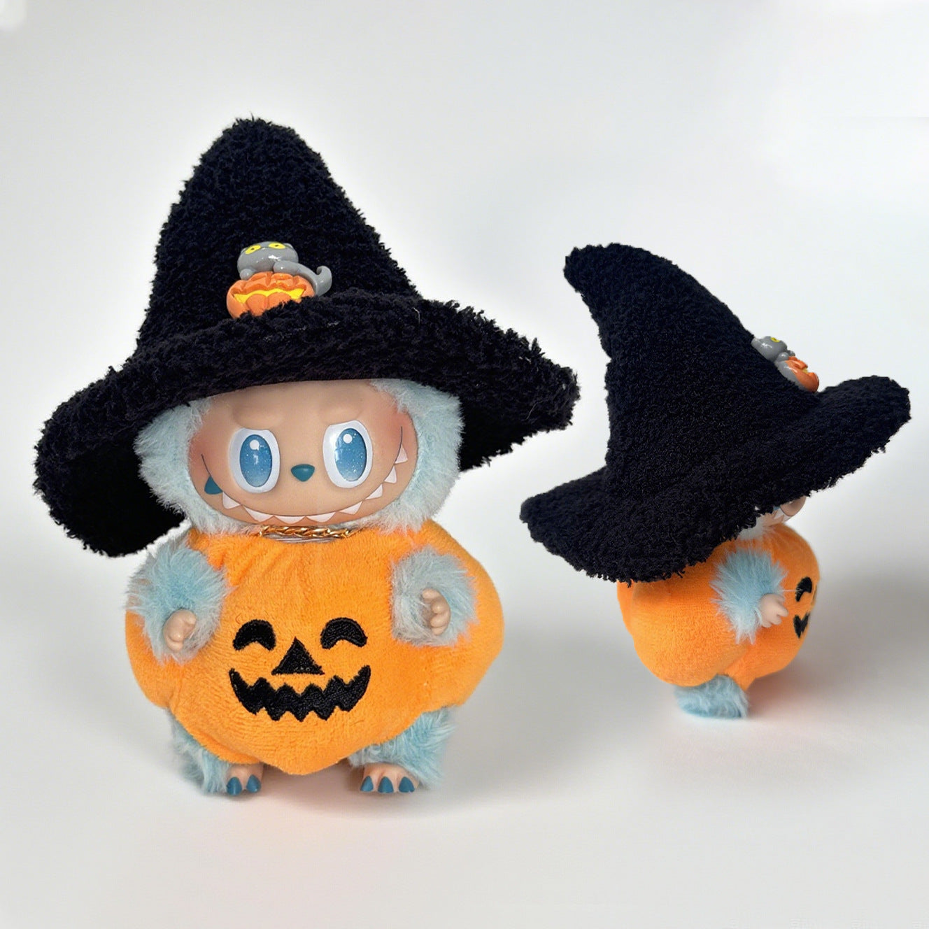(only-clothes) First, Second, and Third Generation 15CM Labubu Pendant Halloween Pumpkin Outfit Overalls Black Hat Plush Toy Costume