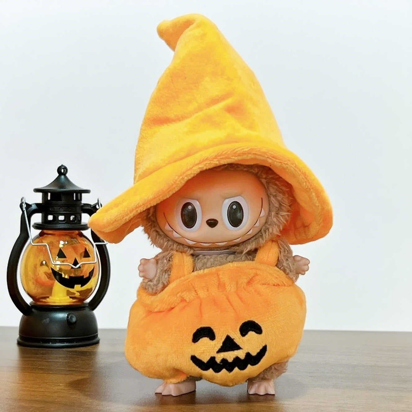 (only-clothes) First, Second, and Third Generation 15CM Labubu Pendant Halloween Pumpkin Outfit Overalls Black Hat Plush Toy Costume