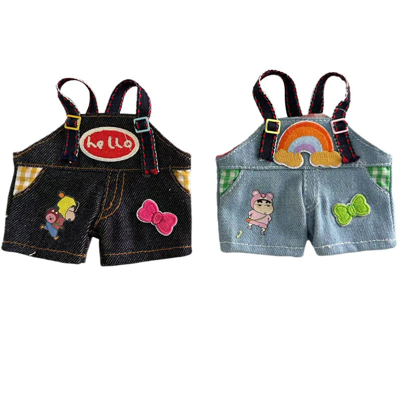 (Only-Clothes) 17cm Automobiles Curtain Cloth Pendant Clothes Two Or Three Generations Suspender Pants Suit Labubu Cute Doll Clothes Denim Suspender Pants
