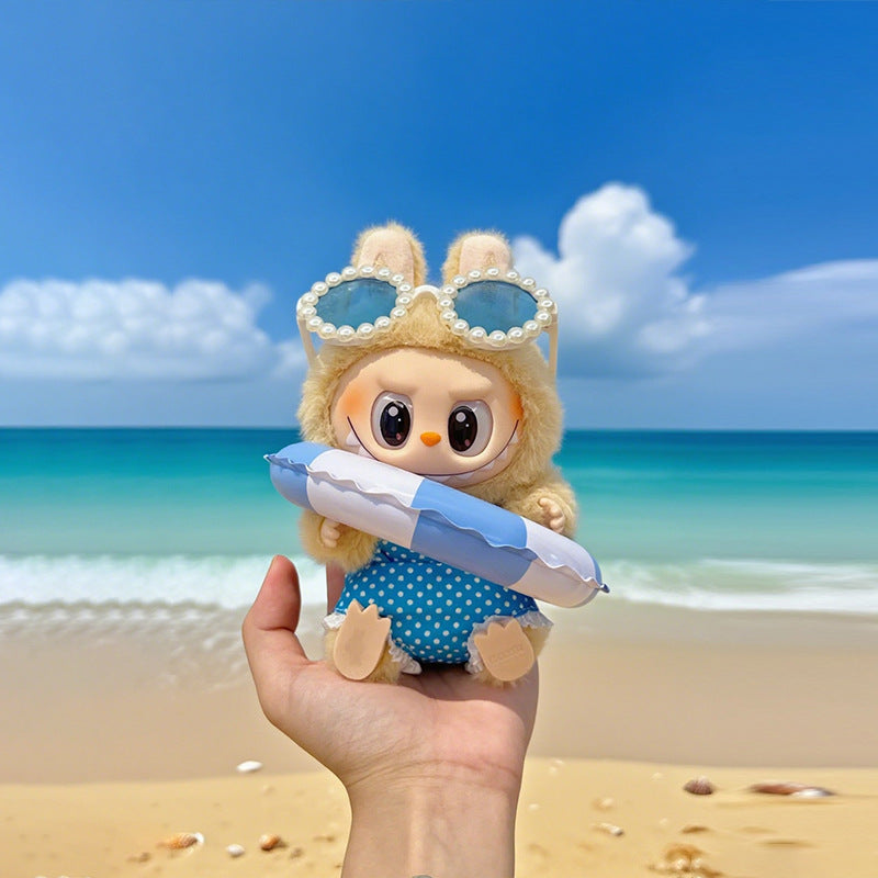 (only-clothes) Beach Vacation Style Labubu Baby Clothes Accessories Plush Doll Pearl Glasses Swimming Ring Set