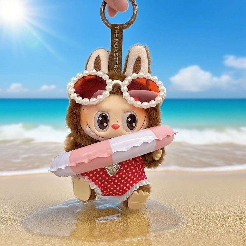 (only-clothes) Beach Vacation Style Labubu Baby Clothes Accessories Plush Doll Pearl Glasses Swimming Ring Set