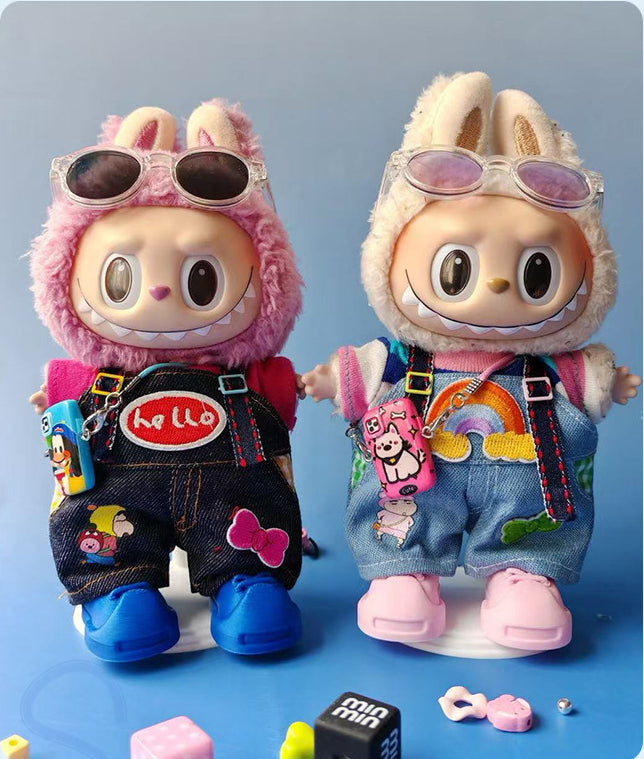(Only-Clothes) 17cm Automobiles Curtain Cloth Pendant Clothes Two Or Three Generations Suspender Pants Suit Labubu Cute Doll Clothes Denim Suspender Pants