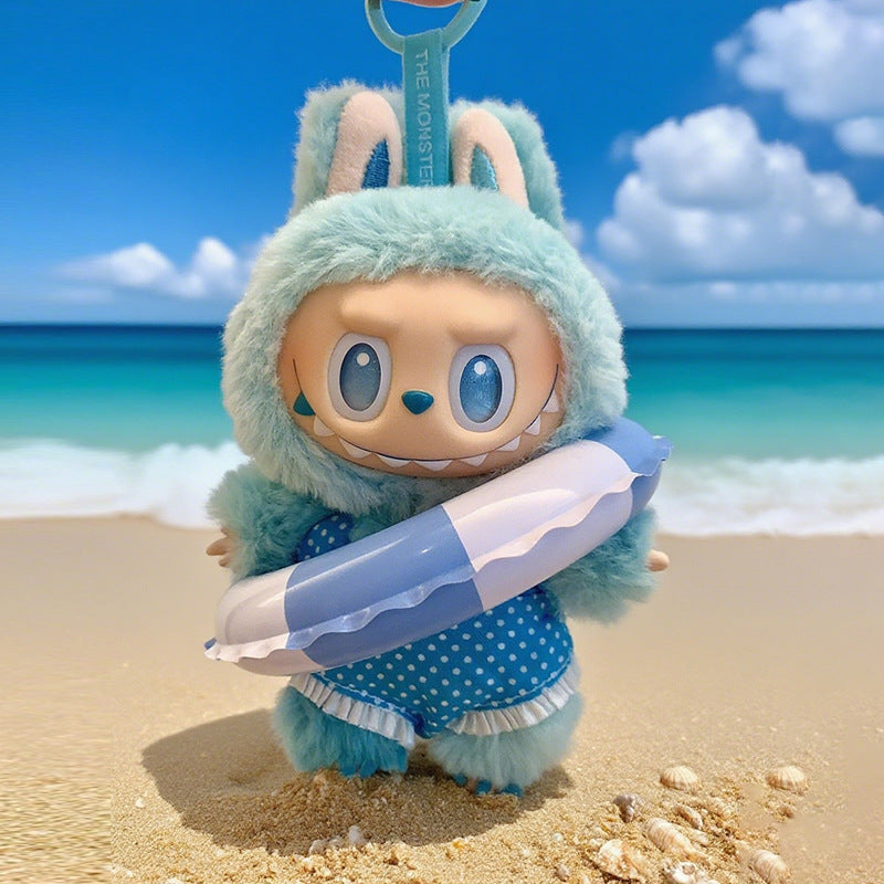 (only-clothes) Beach Vacation Style Labubu Baby Clothes Accessories Plush Doll Pearl Glasses Swimming Ring Set