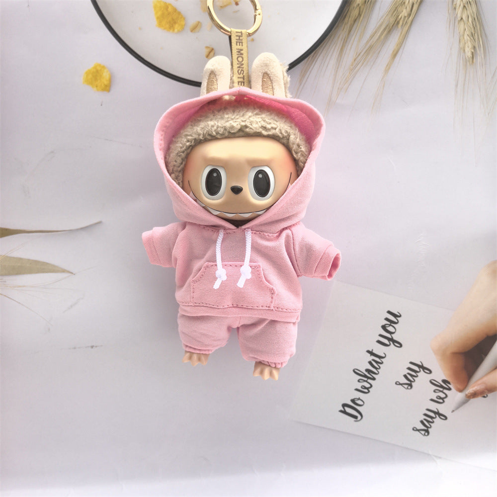 17cm Vinyl Macaron Plush Keychain Labubu Doll with Replacement Hoodie and Pants Set