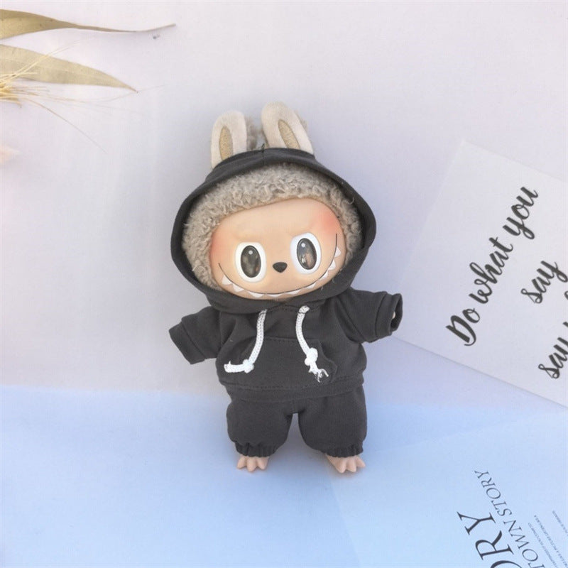 17cm Vinyl Macaron Plush Keychain Labubu Doll with Replacement Hoodie and Pants Set