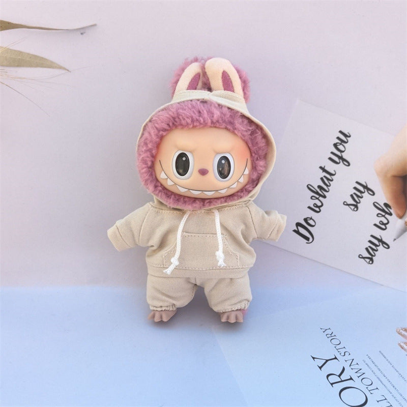 17cm Vinyl Macaron Plush Keychain Labubu Doll with Replacement Hoodie and Pants Set