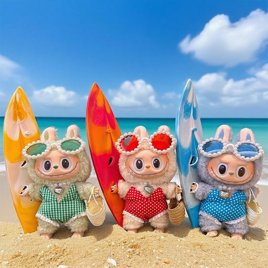 (only-clothes) Beach Vacation Style Labubu Baby Clothes Accessories Plush Doll Pearl Glasses Swimming Ring Set