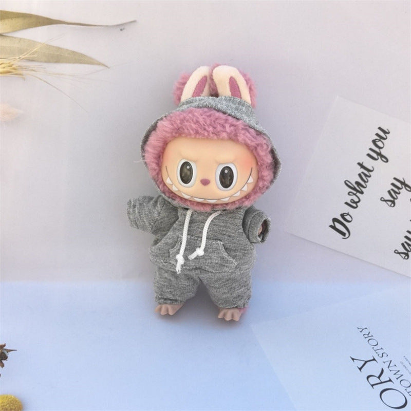 17cm Vinyl Macaron Plush Keychain Labubu Doll with Replacement Hoodie and Pants Set