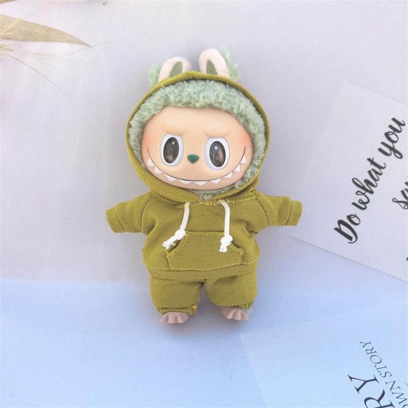 17cm Vinyl Macaron Plush Keychain Labubu Doll with Replacement Hoodie and Pants Set