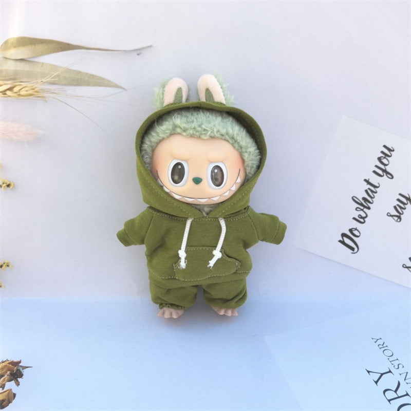 17cm Vinyl Macaron Plush Keychain Labubu Doll with Replacement Hoodie and Pants Set
