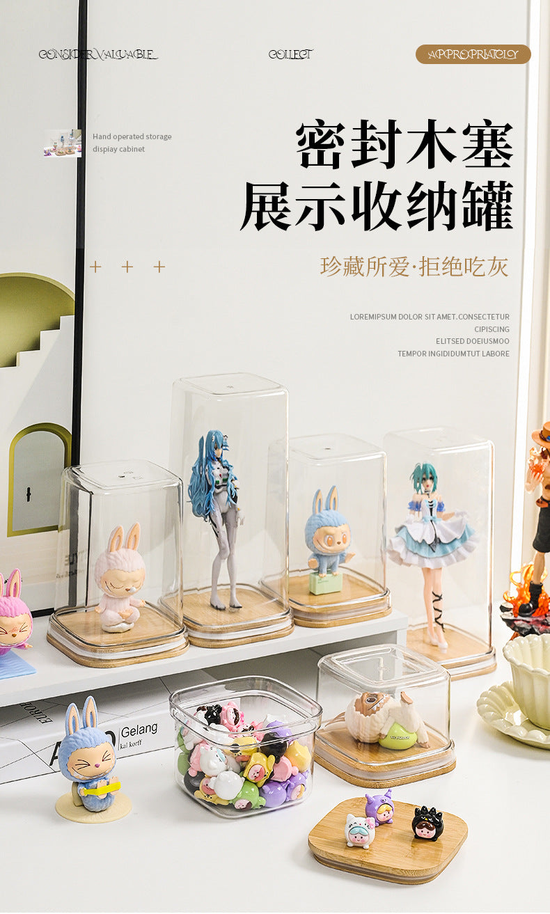 Transparent Labubu Display Box Dustproof Bamboo Wood High Transparency Trendy Toy Cute Bubble Mart Figurine Box Mini Storage Box