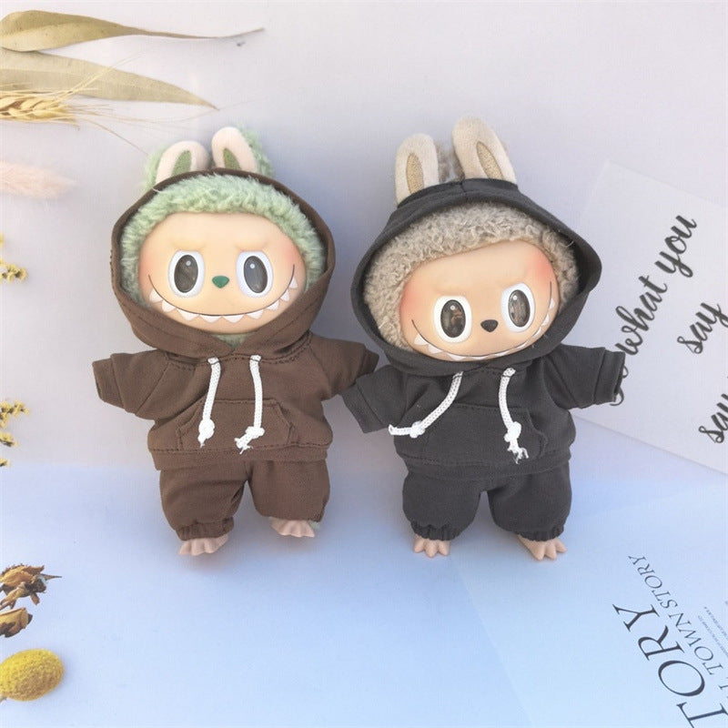 17cm Vinyl Macaron Plush Keychain Labubu Doll with Replacement Hoodie and Pants Set