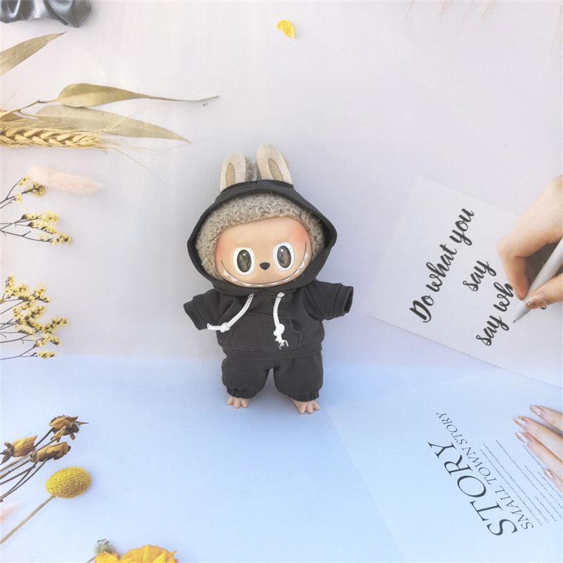 17cm Vinyl Macaron Plush Keychain Labubu Doll with Replacement Hoodie and Pants Set