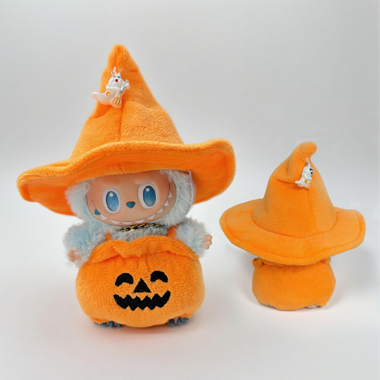 (only-clothes) First, Second, and Third Generation 15CM Labubu Pendant Halloween Pumpkin Outfit Overalls Black Hat Plush Toy Costume
