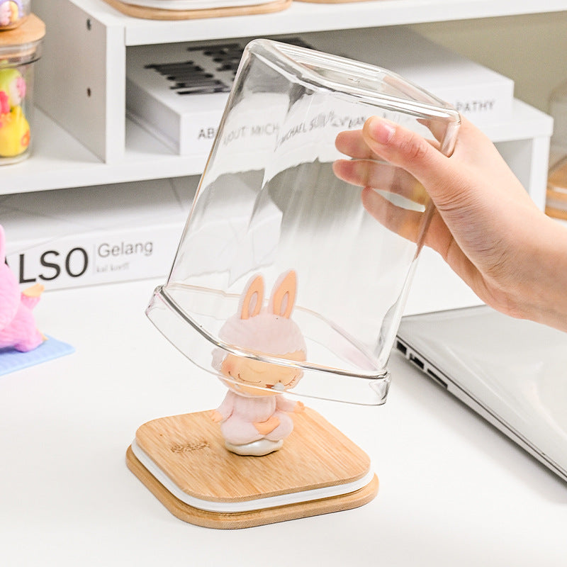 Transparent Labubu Display Box Dustproof Bamboo Wood High Transparency Trendy Toy Cute Bubble Mart Figurine Box Mini Storage Box