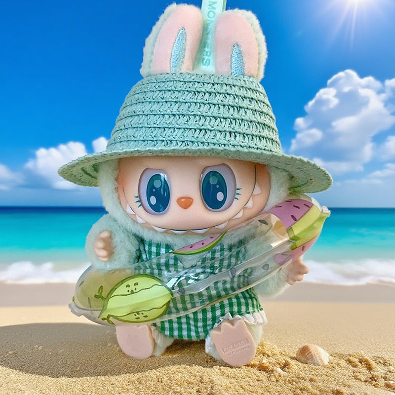 (only-clothes) Beach Vacation Style Labubu Baby Clothes Accessories Plush Doll Pearl Glasses Swimming Ring Set