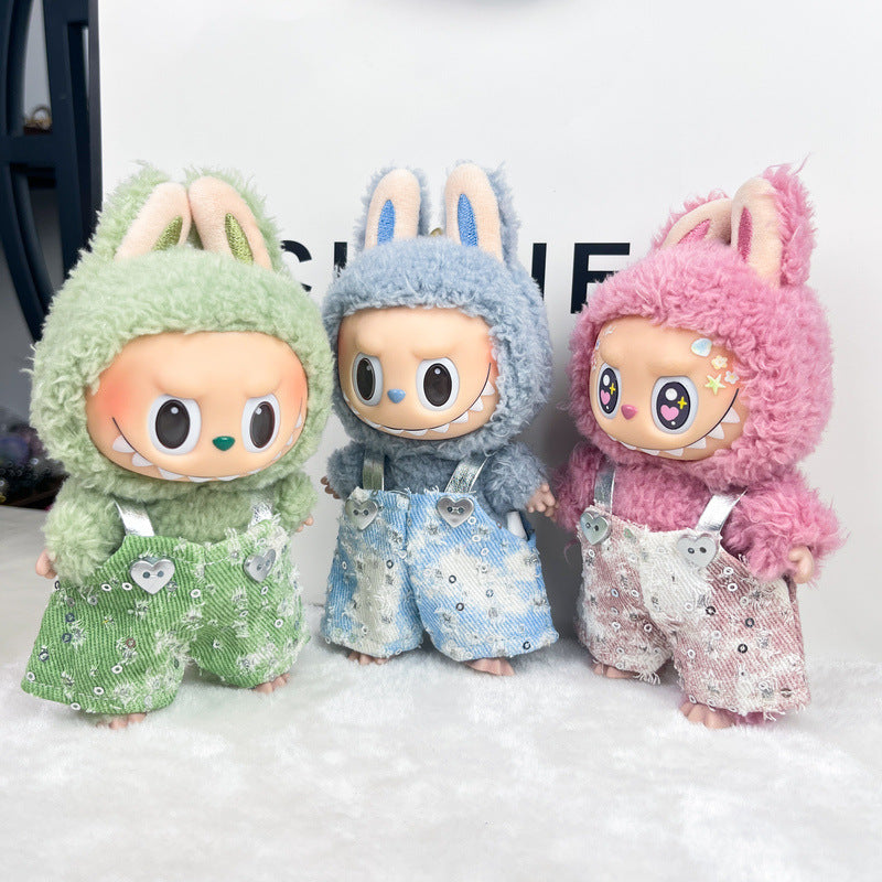 (only-clothes) Only Selling Clothes] 17cm Pendant Blind Box Labubu Doll Clothes Keychain Labubu Plush Doll Denim Clothes Cute