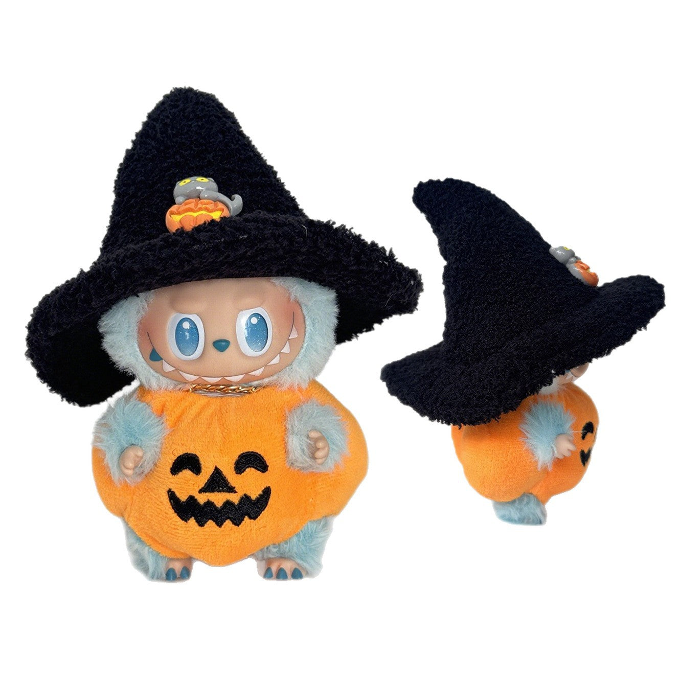 (only-clothes) First, Second, and Third Generation 15CM Labubu Pendant Halloween Pumpkin Outfit Overalls Black Hat Plush Toy Costume