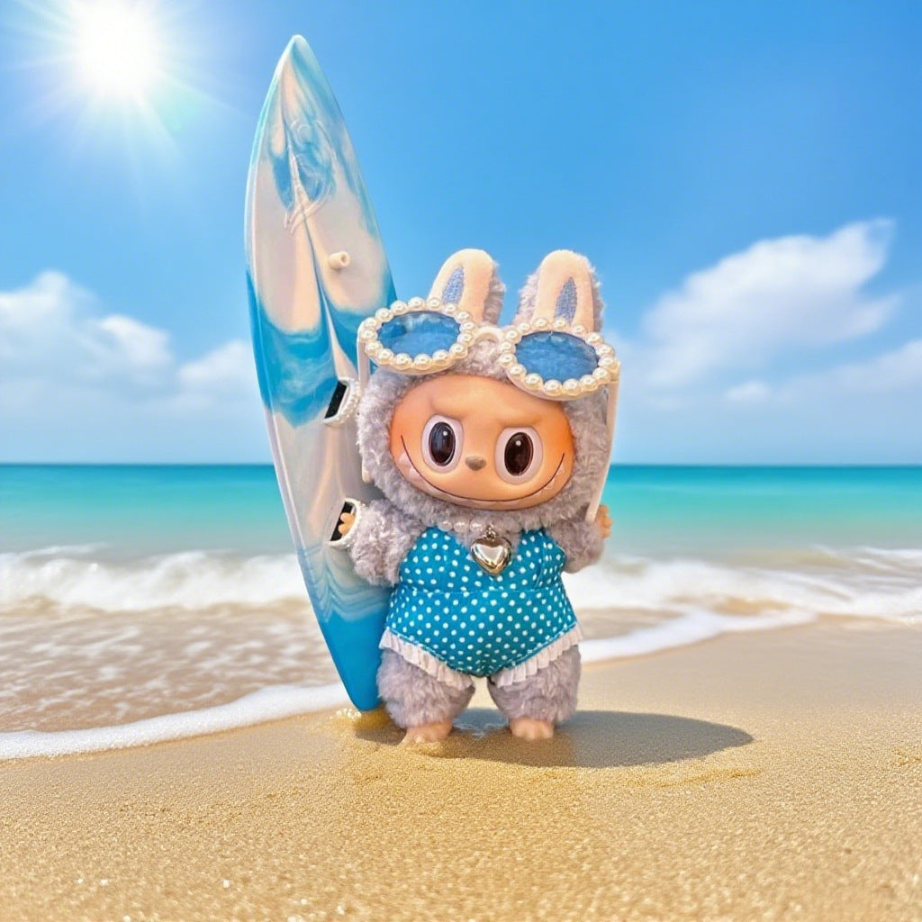 (only-clothes) Beach Vacation Style Labubu Baby Clothes Accessories Plush Doll Pearl Glasses Swimming Ring Set