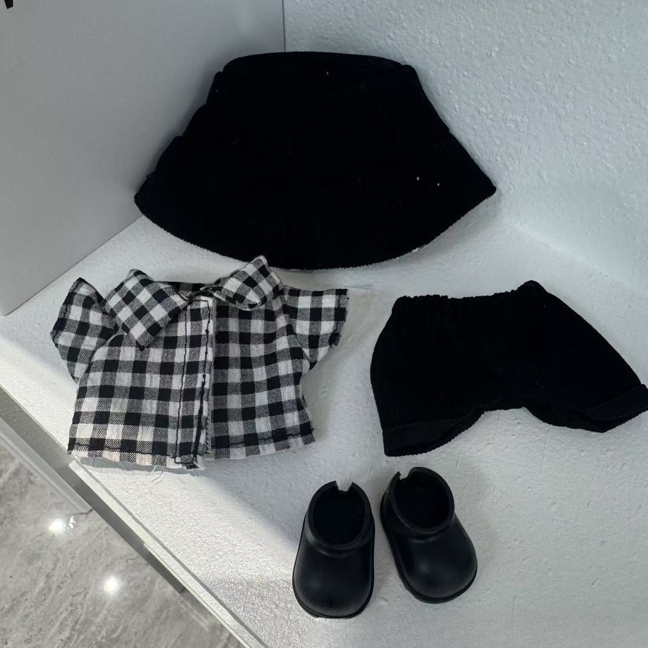(only-clothes) Only Clothes 17cm Labubu Doll Clothes Second and Third Generation Vinyl Doll Clothes Plaid Shirt Set Hat Shoes