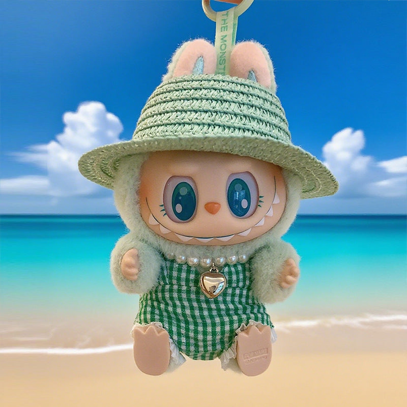 (only-clothes) Beach Vacation Style Labubu Baby Clothes Accessories Plush Doll Pearl Glasses Swimming Ring Set