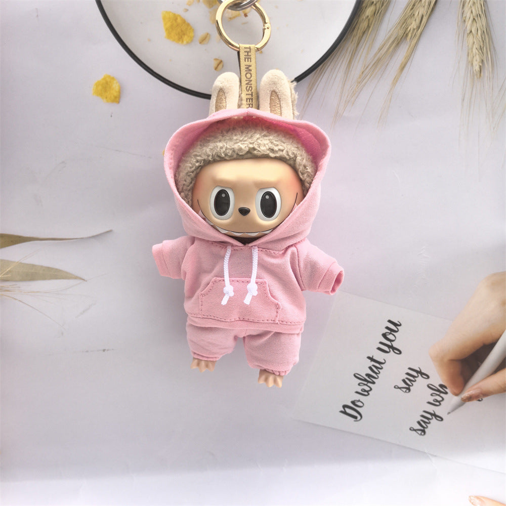 17cm Vinyl Macaron Plush Keychain Labubu Doll with Replacement Hoodie and Pants Set