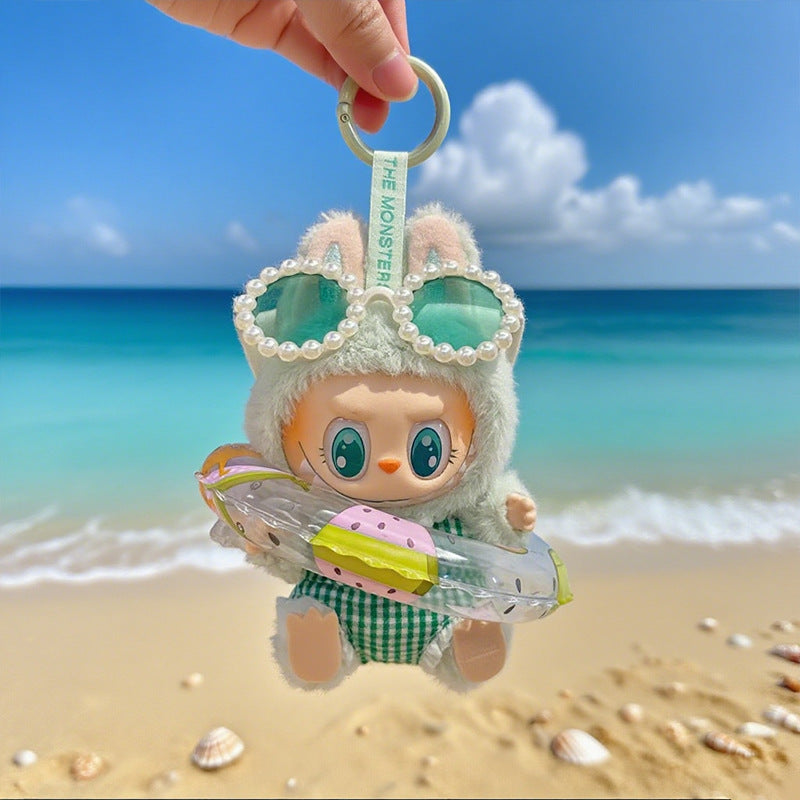 (only-clothes) Beach Vacation Style Labubu Baby Clothes Accessories Plush Doll Pearl Glasses Swimming Ring Set