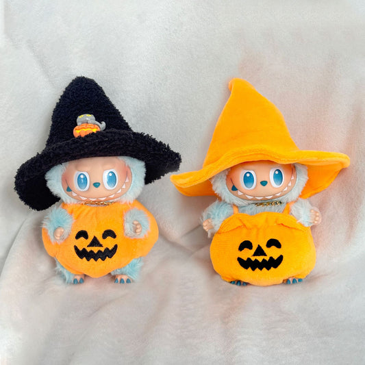(only-clothes) First, Second, and Third Generation 15CM Labubu Pendant Halloween Pumpkin Outfit Overalls Black Hat Plush Toy Costume