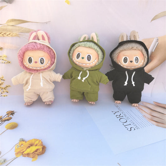 17cm Vinyl Macaron Plush Keychain Labubu Doll with Replacement Hoodie and Pants Set