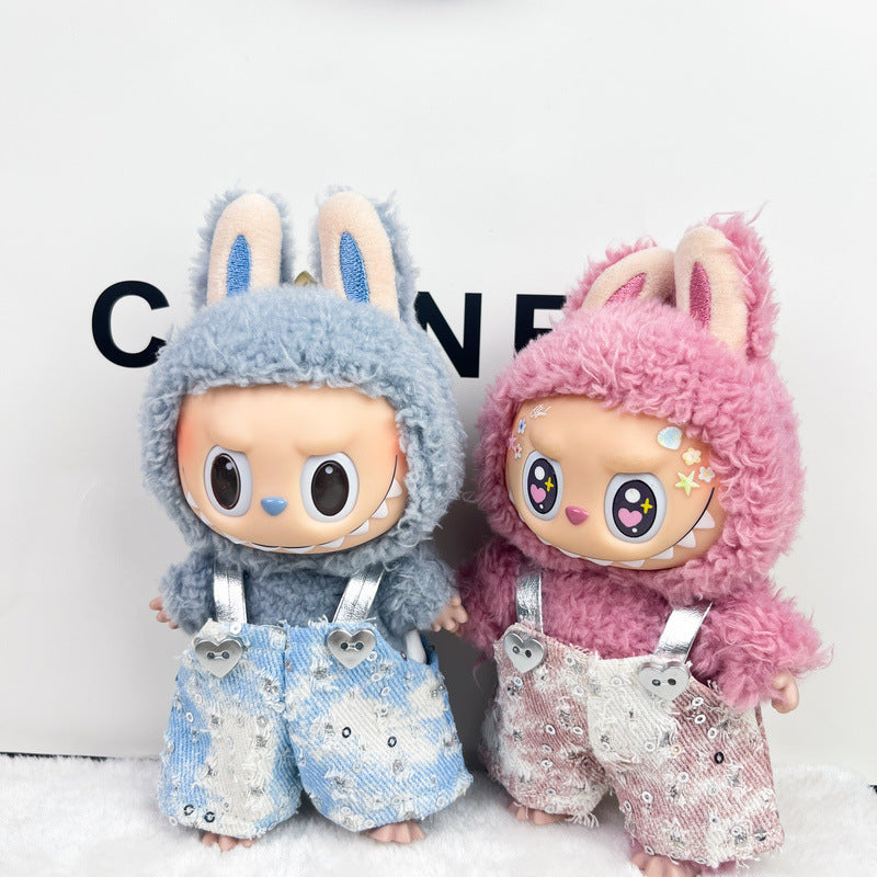 (only-clothes) Only Selling Clothes] 17cm Pendant Blind Box Labubu Doll Clothes Keychain Labubu Plush Doll Denim Clothes Cute