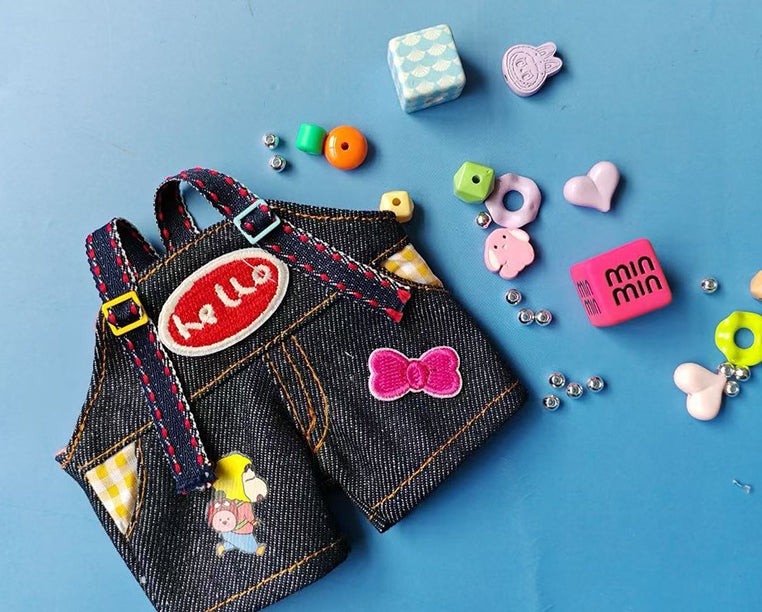 (Only-Clothes) 17cm Automobiles Curtain Cloth Pendant Clothes Two Or Three Generations Suspender Pants Suit Labubu Cute Doll Clothes Denim Suspender Pants