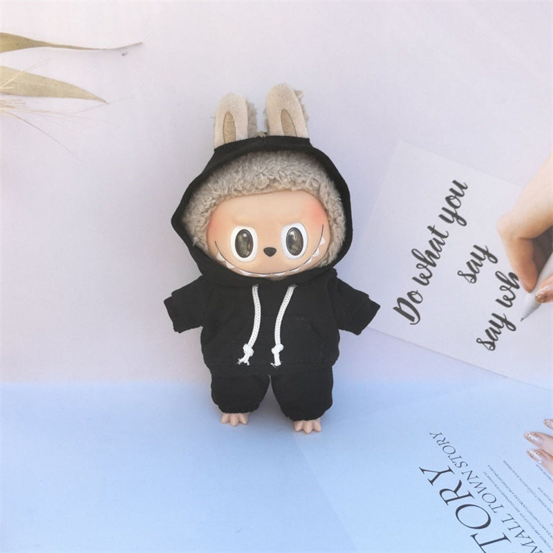 17cm Vinyl Macaron Plush Keychain Labubu Doll with Replacement Hoodie and Pants Set