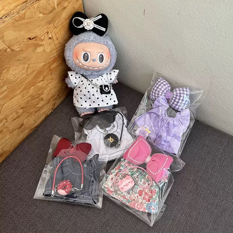 (only-clothes) Only Clothes] 17cm First and Second Generation Labubu Doll Clothes Pendant Labubu Dress Bag Set Bowknot New Style