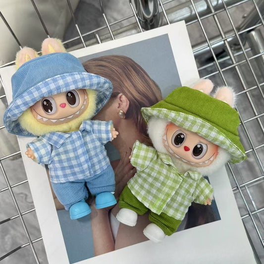 (only-clothes) Only Clothes 17cm Labubu Doll Clothes Second and Third Generation Vinyl Doll Clothes Plaid Shirt Set Hat Shoes