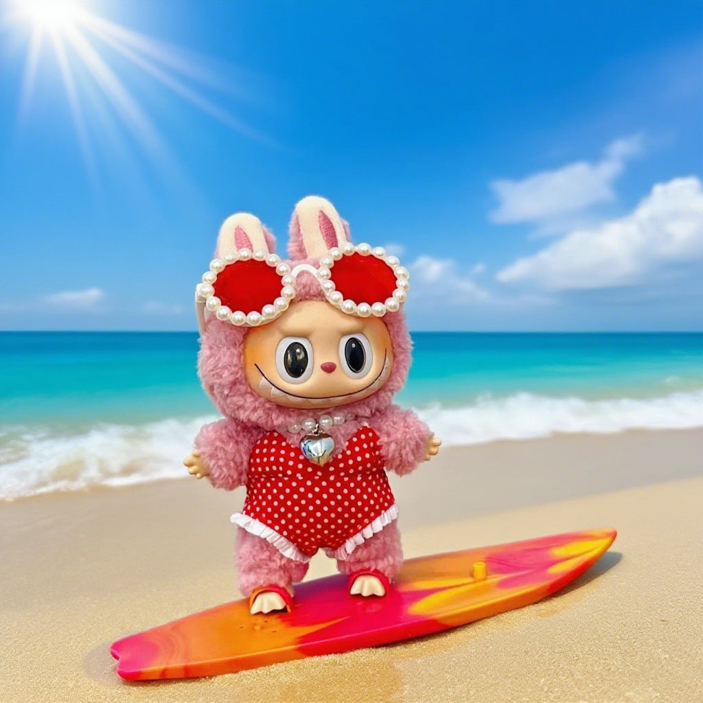 (only-clothes) Beach Vacation Style Labubu Baby Clothes Accessories Plush Doll Pearl Glasses Swimming Ring Set